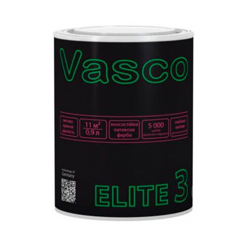 Фарба зносостійка латексна матова ELITE 3 VASCO біла 0,9 л